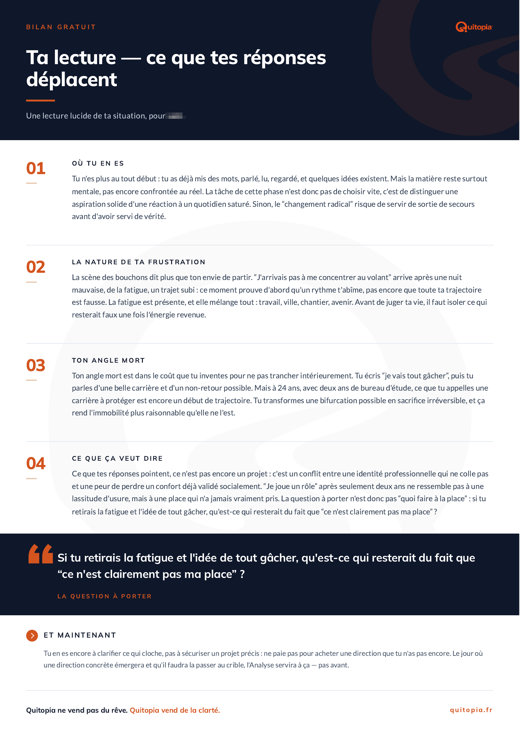 Aperçu d'un bilan Quitopia : une page, quatre temps de lecture et une question à porter. Cliquer pour agrandir.